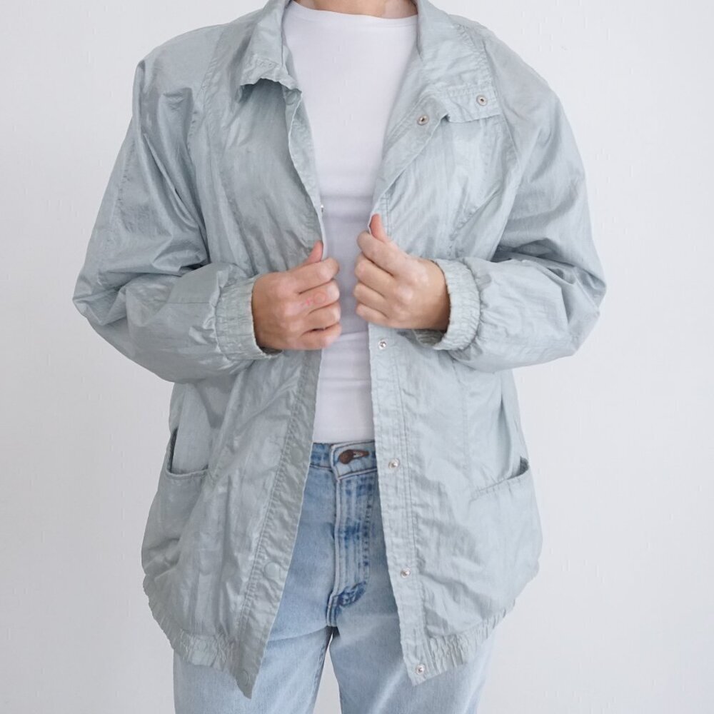 Vintage Haland! Silver-y Blue Nylon Cotton Lined Windbreaker Button Jacket L - Picture 2 of 11